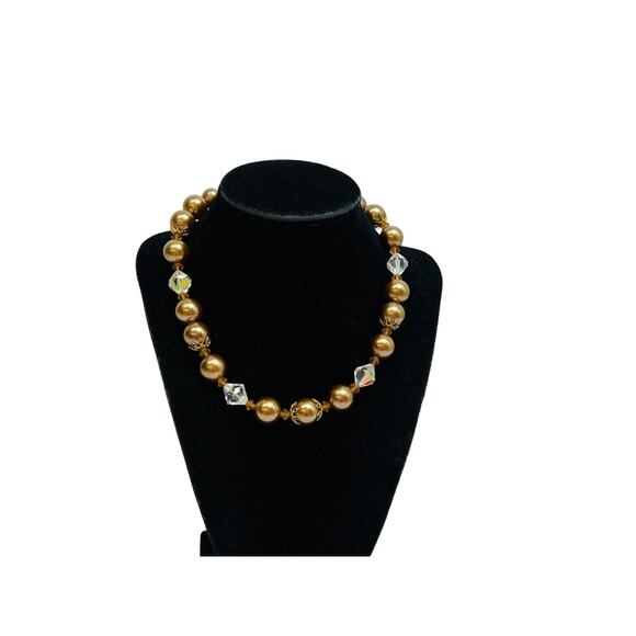 Vintage Lisner Necklace Choker Beaded Strand AB Crystal, Brown, Gold Tone 16 in - Picture 8 of 14